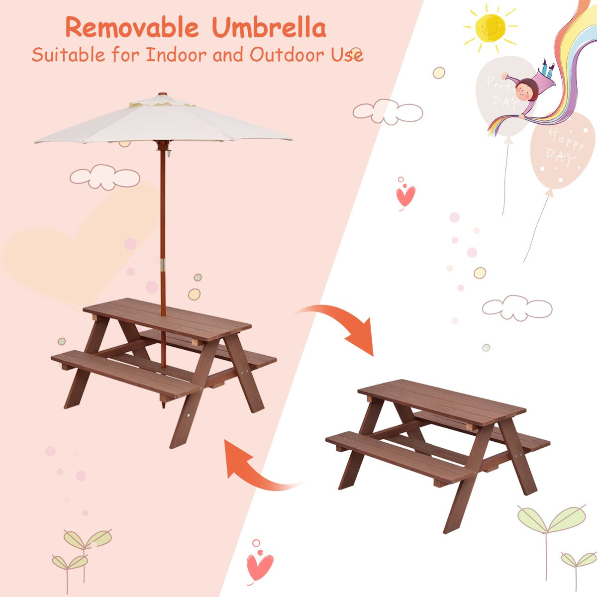 Kids Picnic Table Set with Umbrella - Walnut