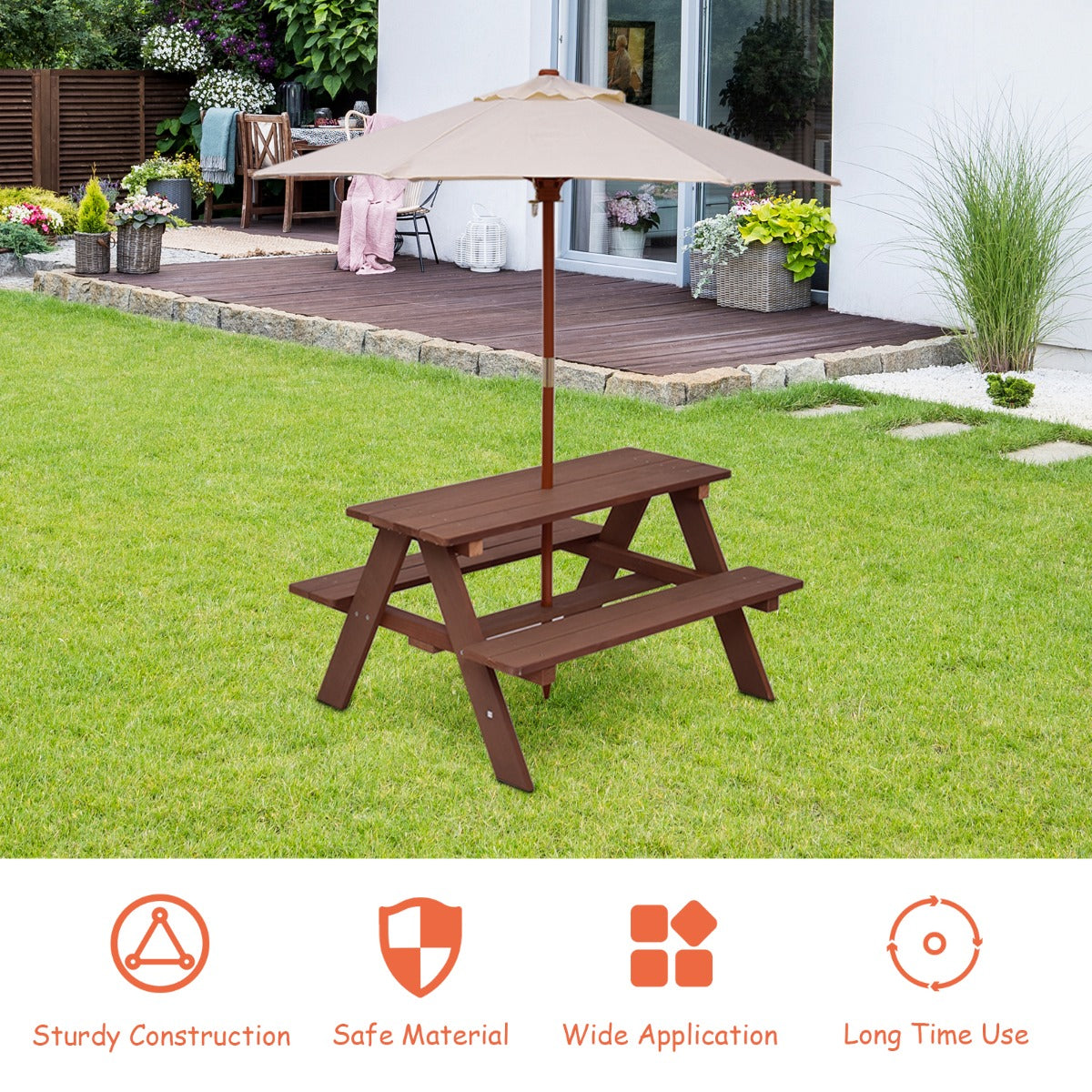 Kids Picnic Table Set with Umbrella - Walnut