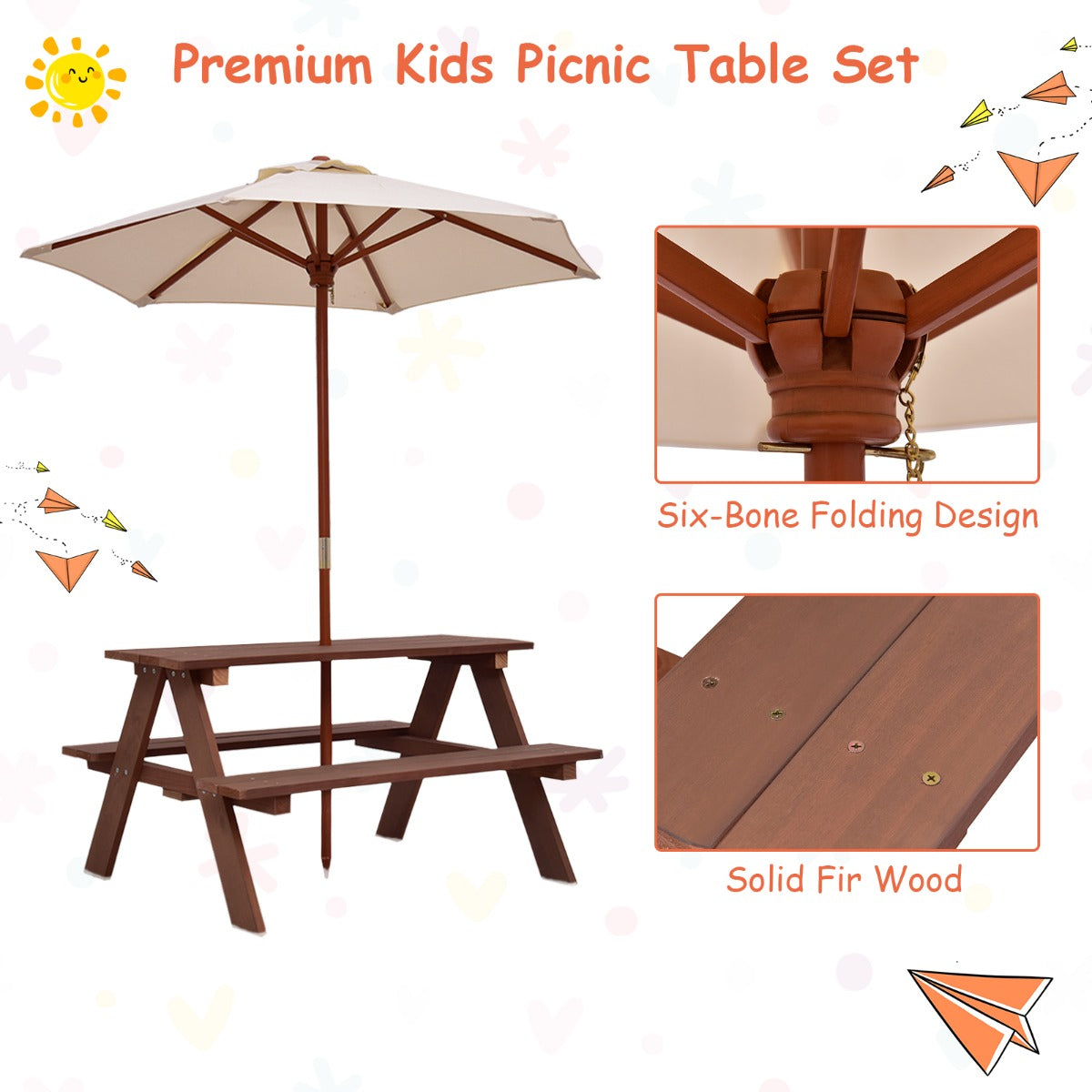 Kids Picnic Table Set with Umbrella - Walnut