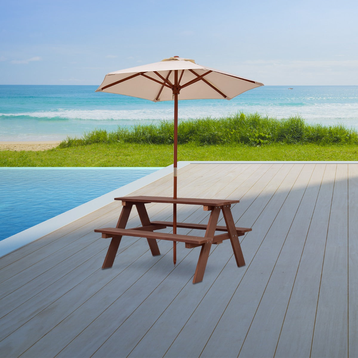Kids Picnic Table Set with Umbrella - Walnut
