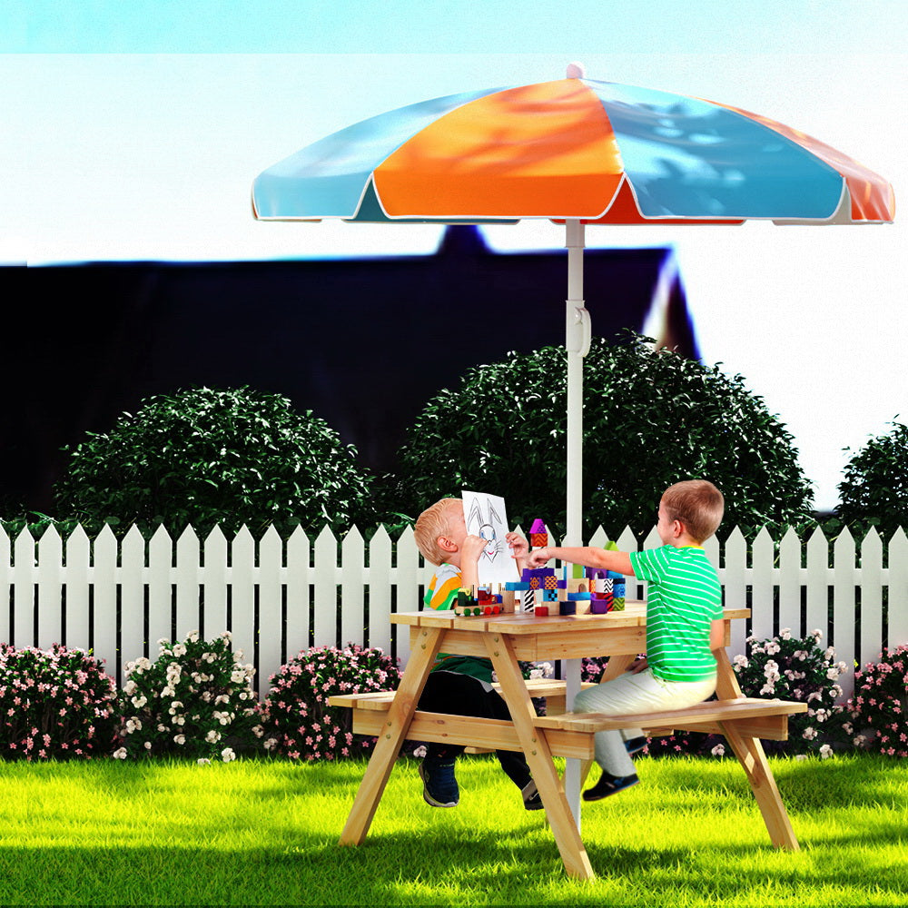 Sunshine Haven Kids' Picnic Bench with Umbrella & Sandbox - Orange
