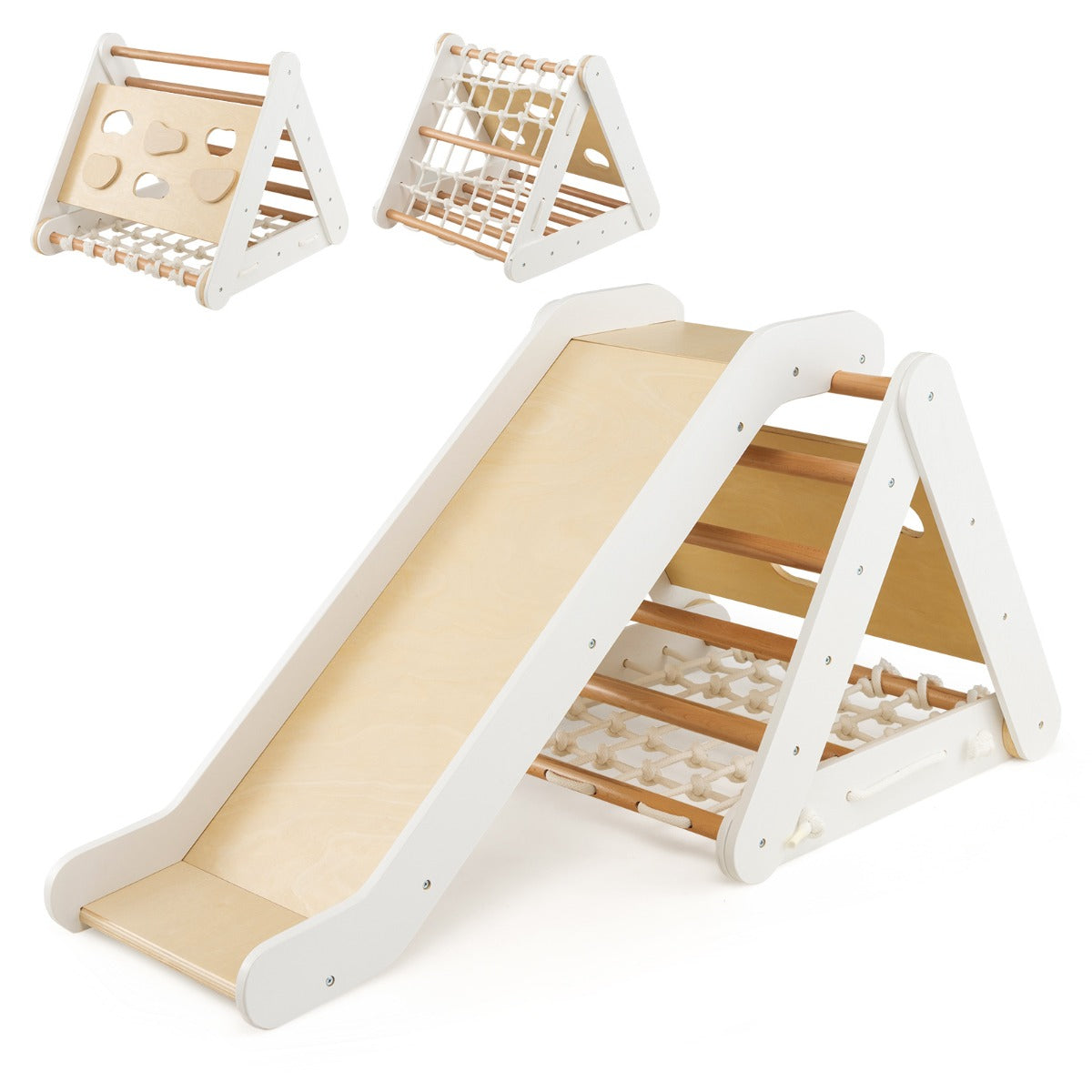 AdventureTribe 4-in-1 Wooden Triangle Climbing Set with Sliding Board