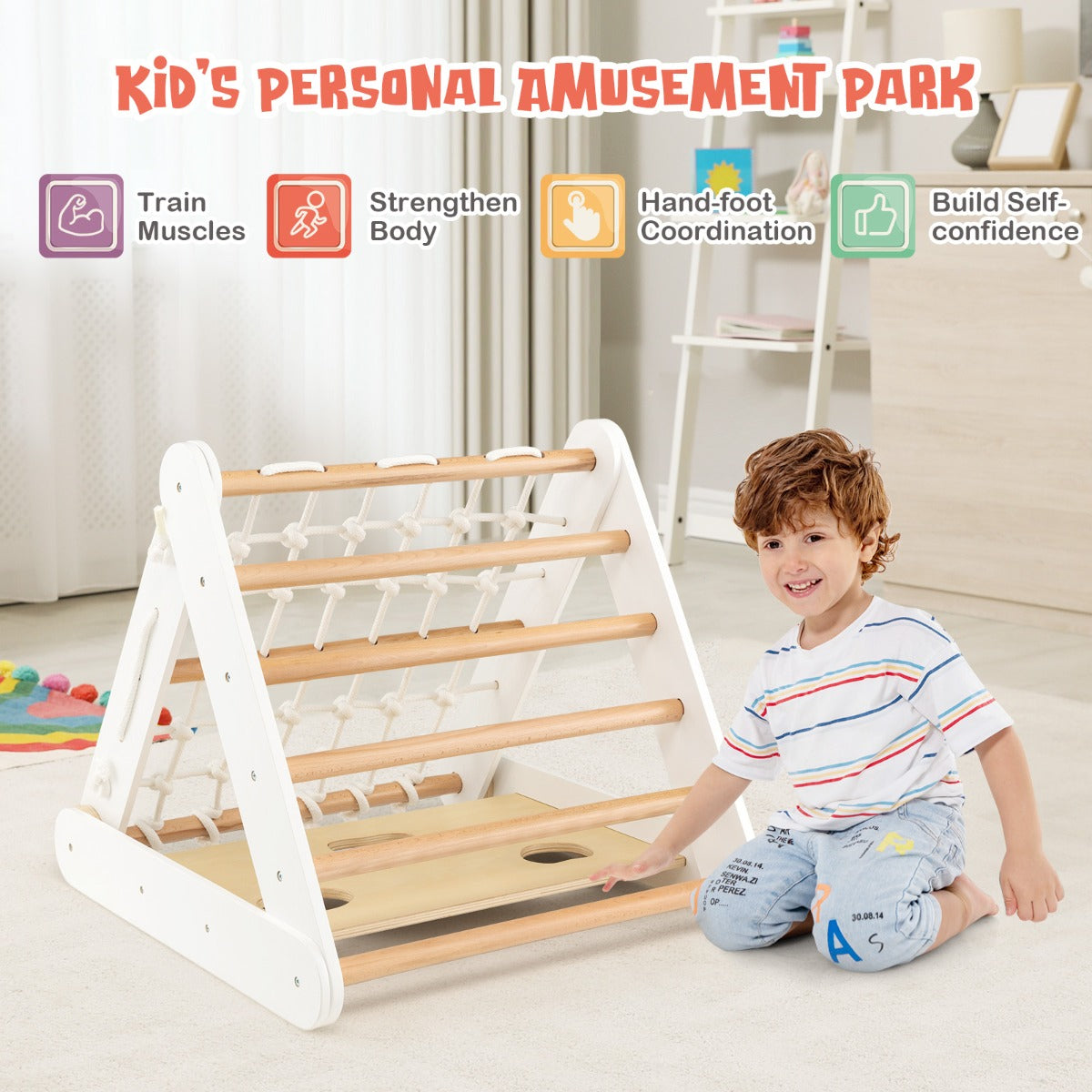 AdventureTribe 4-in-1 Wooden Triangle Climbing Set with Sliding Board