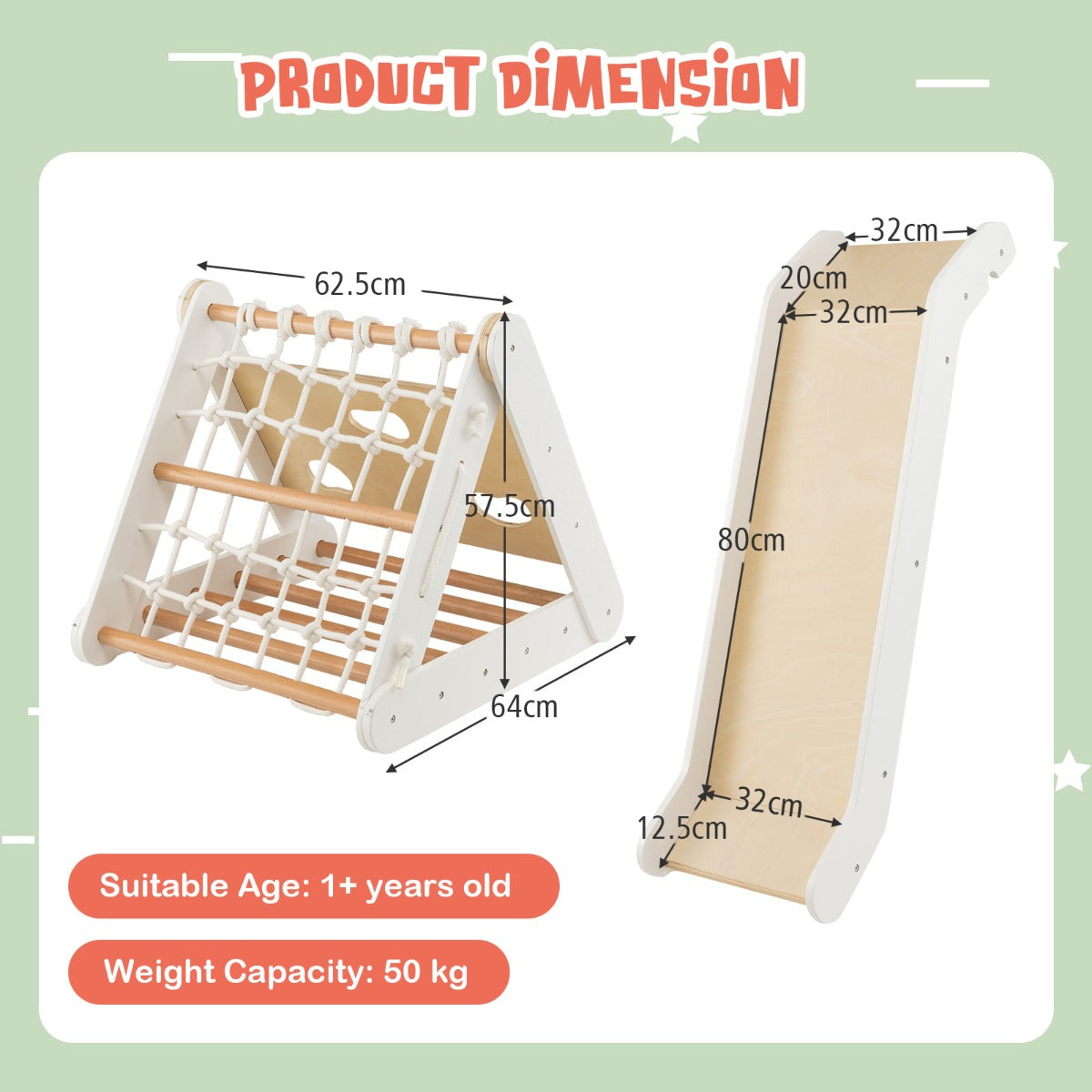 AdventureTribe 4-in-1 Wooden Triangle Climbing Set with Sliding Board