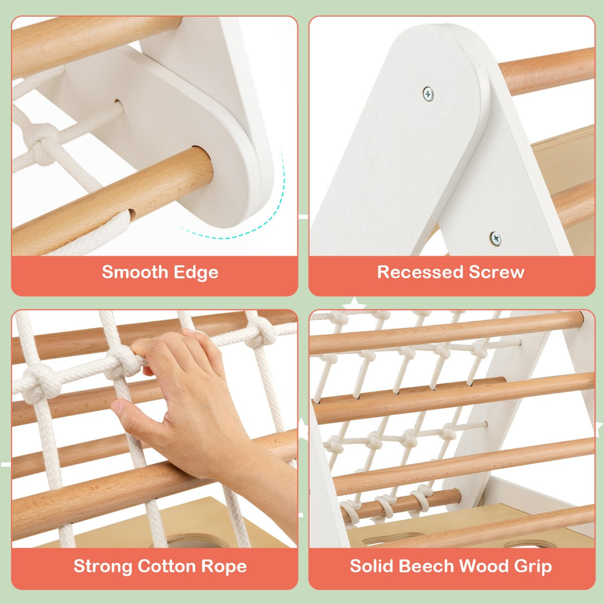 AdventureTribe 4-in-1 Wooden Triangle Climbing Set with Sliding Board