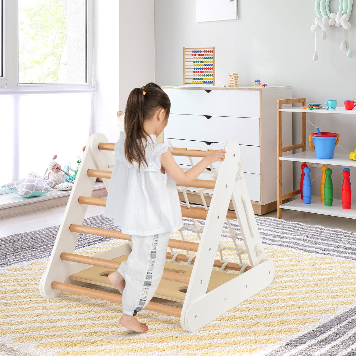 AdventureTribe 4-in-1 Wooden Triangle Climbing Set with Sliding Board