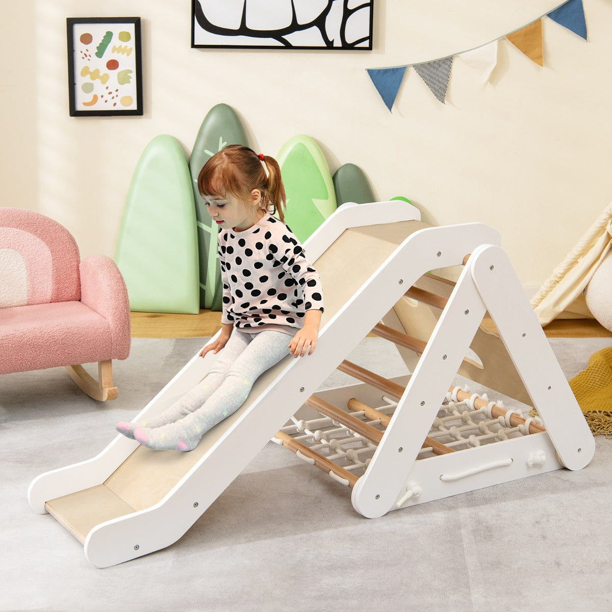 AdventureTribe 4-in-1 Wooden Triangle Climbing Set with Sliding Board