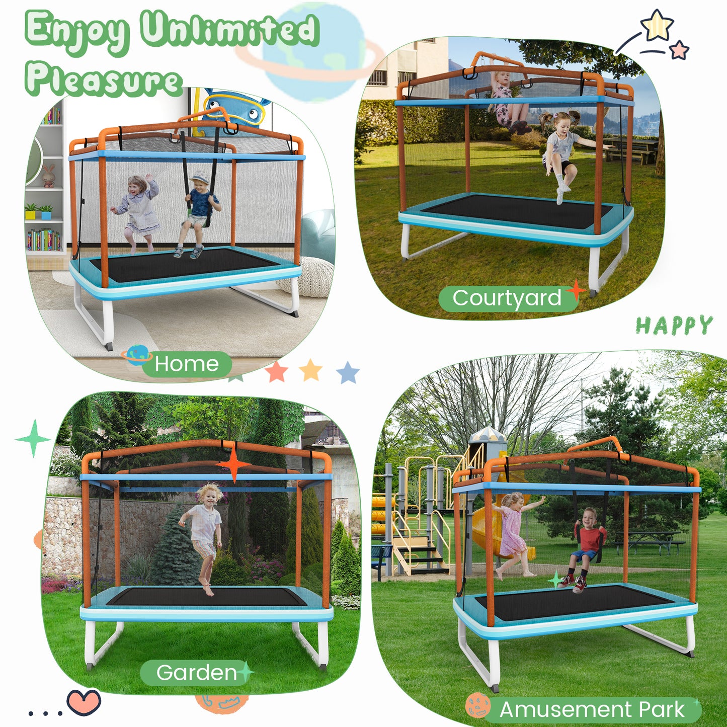 Kenzo Rectangle Trampoline with Swing & Horizontal Bar
