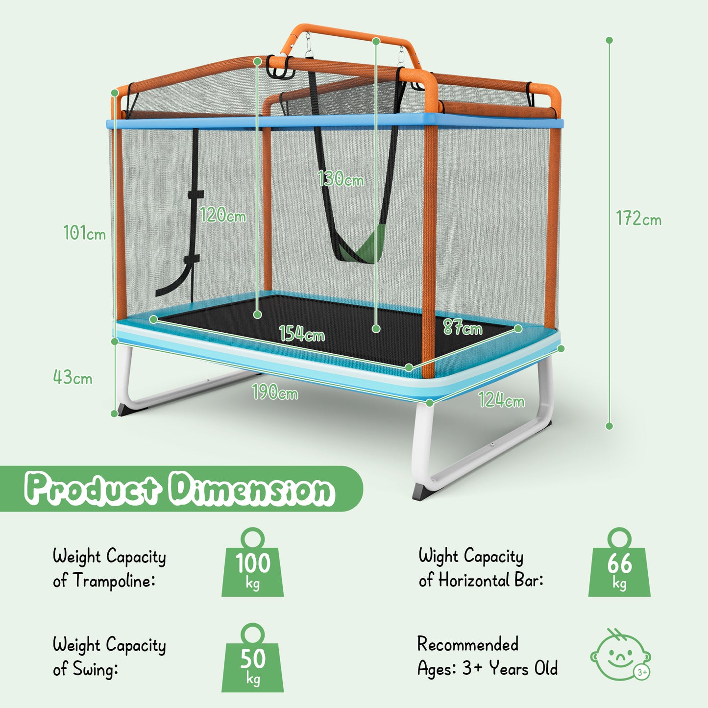 Kenzo Rectangle Trampoline with Swing & Horizontal Bar