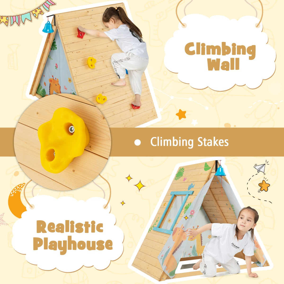 Kid's Triangle Cubby House with Climbing Wall