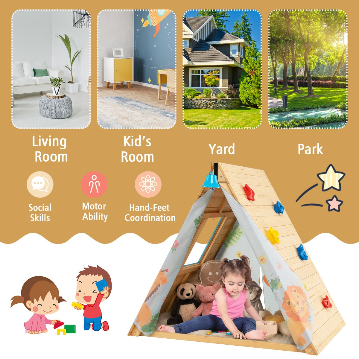 Kid's Triangle Cubby House with Climbing Wall