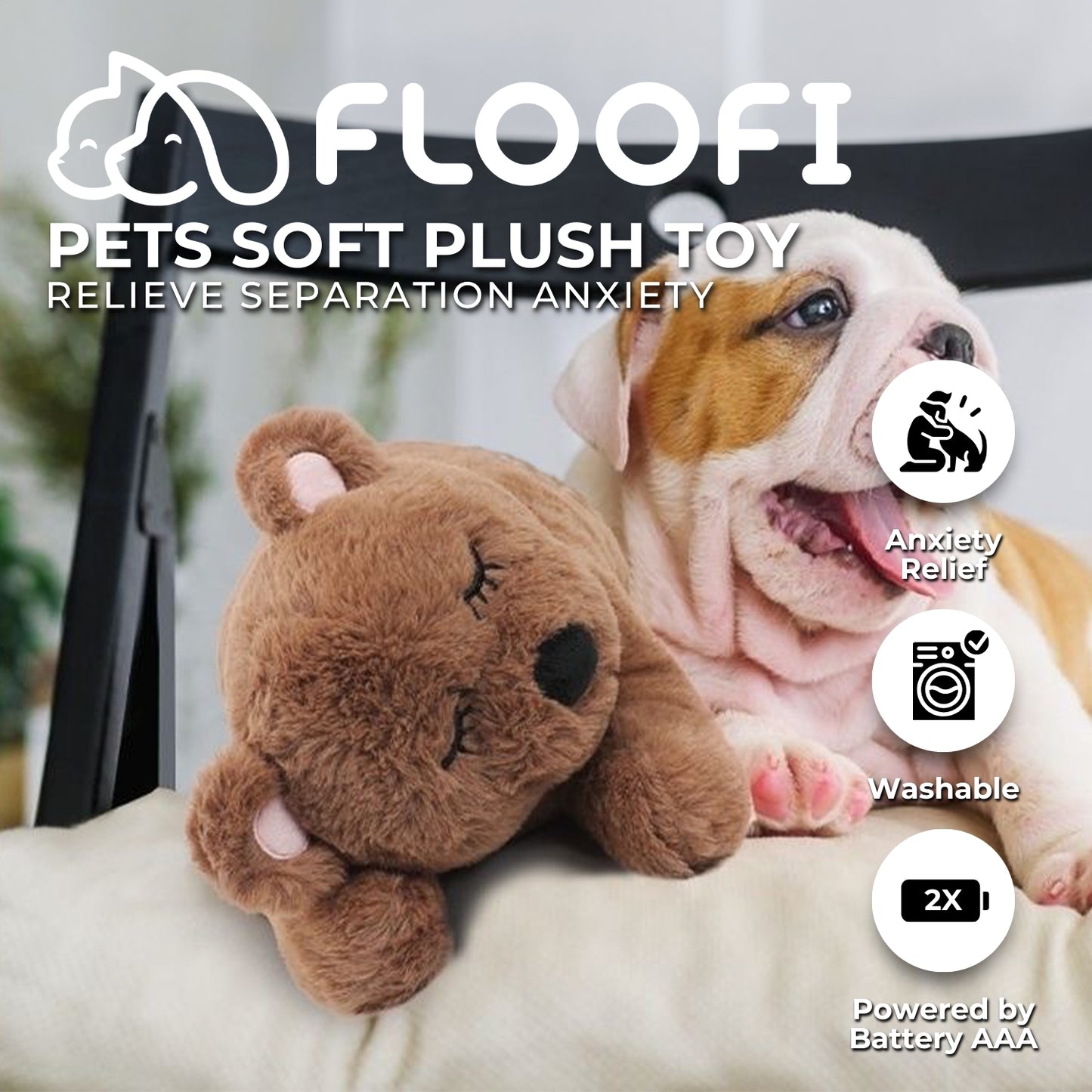 FLOOFI Heartbeat Teddy Plush Dog Toy for Anxiety Relief
