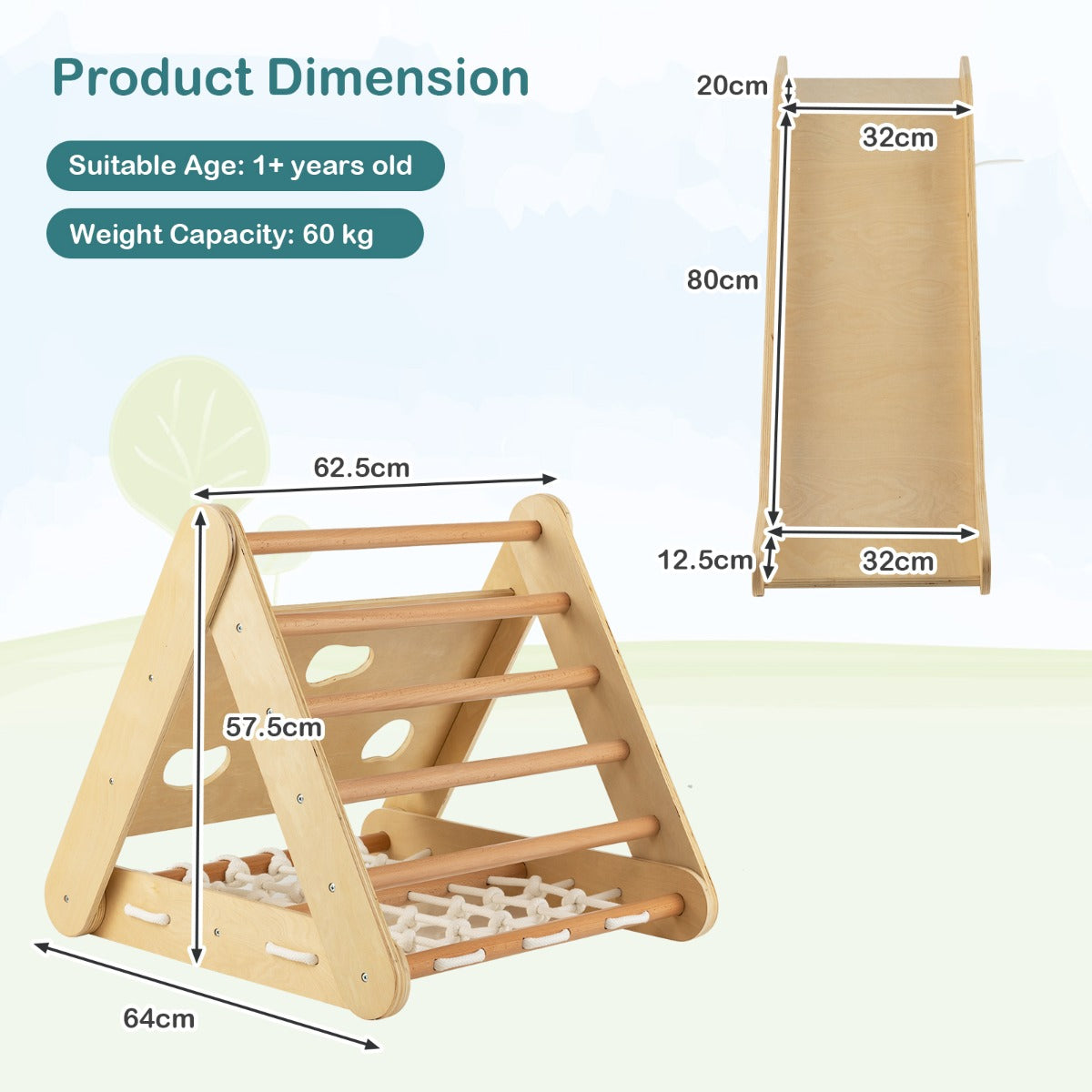 AdventureTribe 4-in-1 Wooden Triangle Climbing Set with Sliding Board