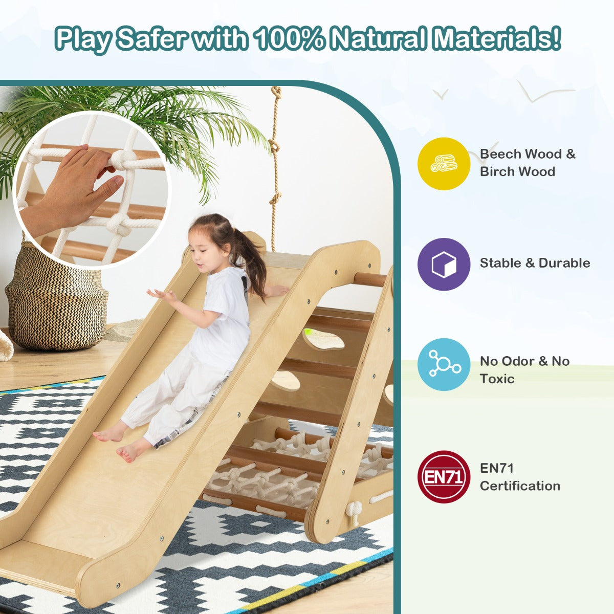 AdventureTribe 4-in-1 Wooden Triangle Climbing Set with Sliding Board
