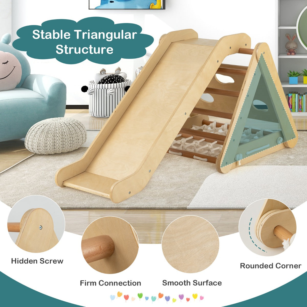AdventureTribe 4-in-1 Wooden Triangle Climbing Set with Sliding Board