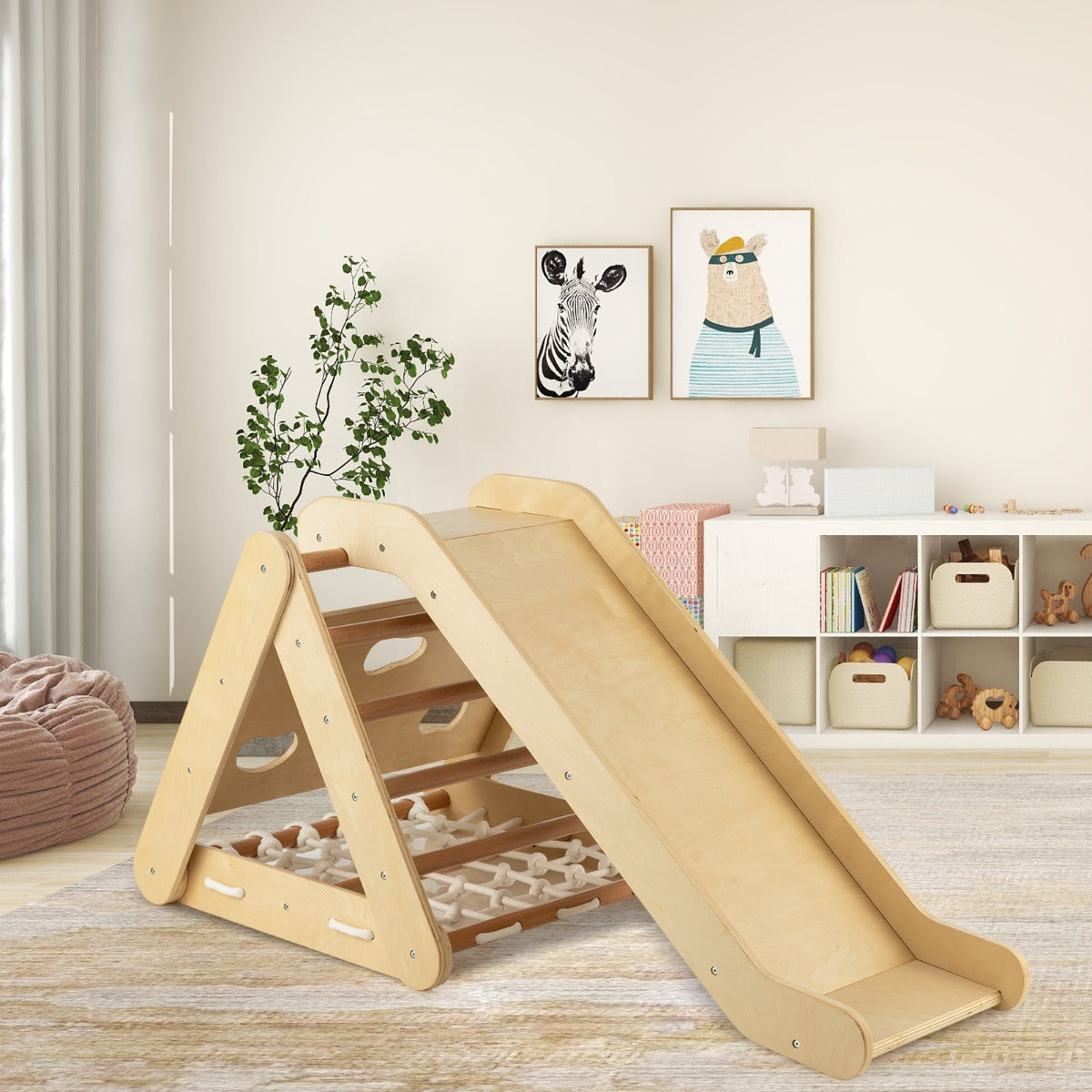 AdventureTribe 4-in-1 Wooden Triangle Climbing Set with Sliding Board
