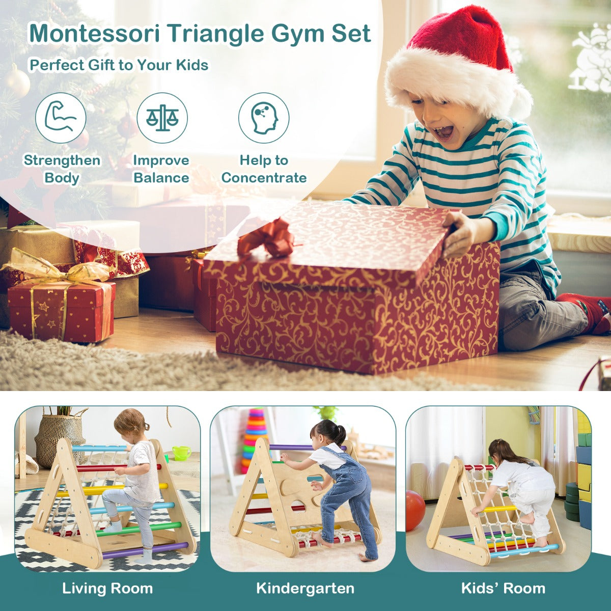 AdventureTribe 4-in-1 Wooden Triangle Climbing Set with Sliding Board