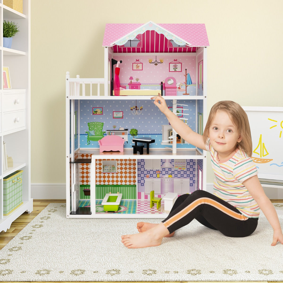 Kid's Wooden Dollhouse: Elevator & Rotating Staircase Edition