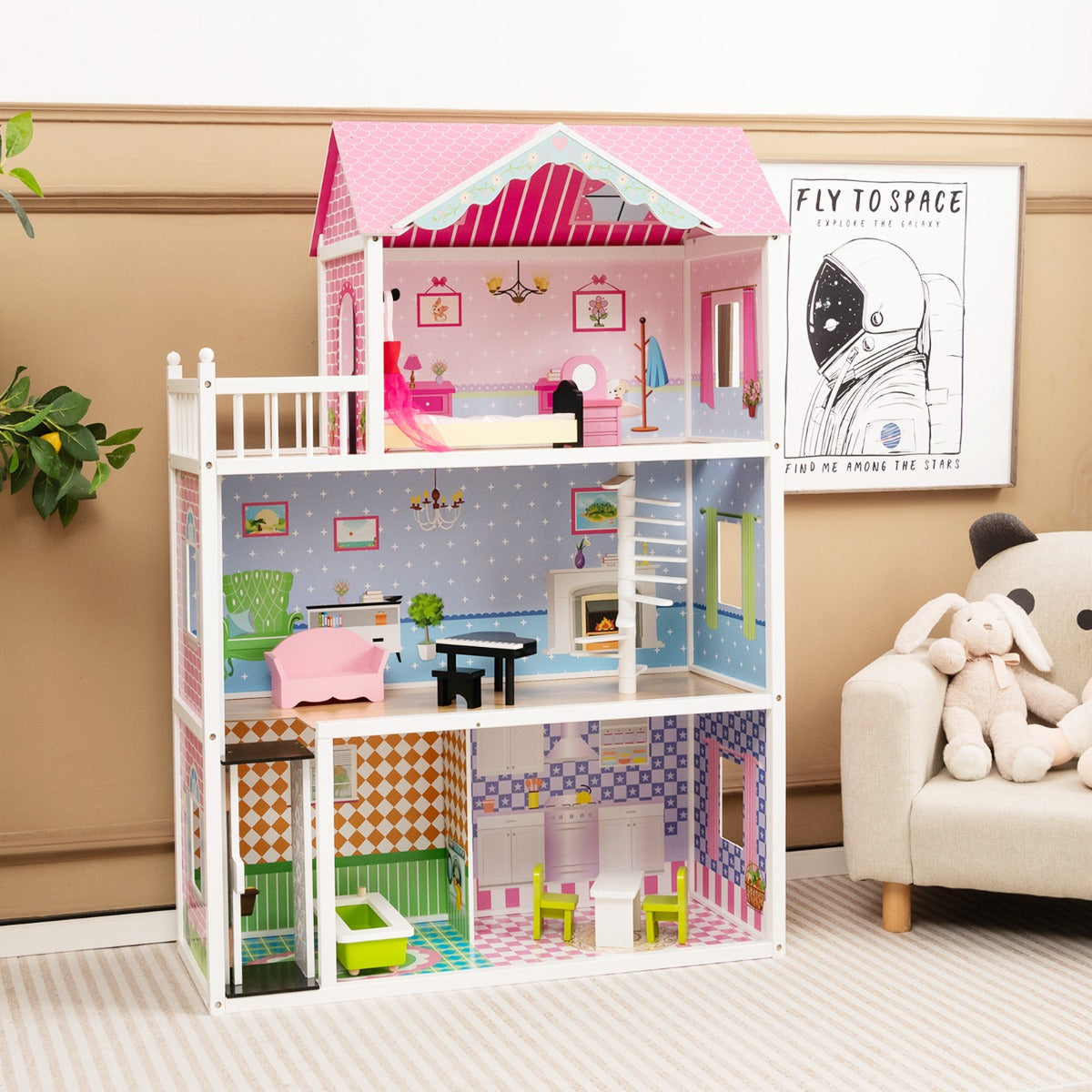 Kid's Wooden Dollhouse: Elevator & Rotating Staircase Edition