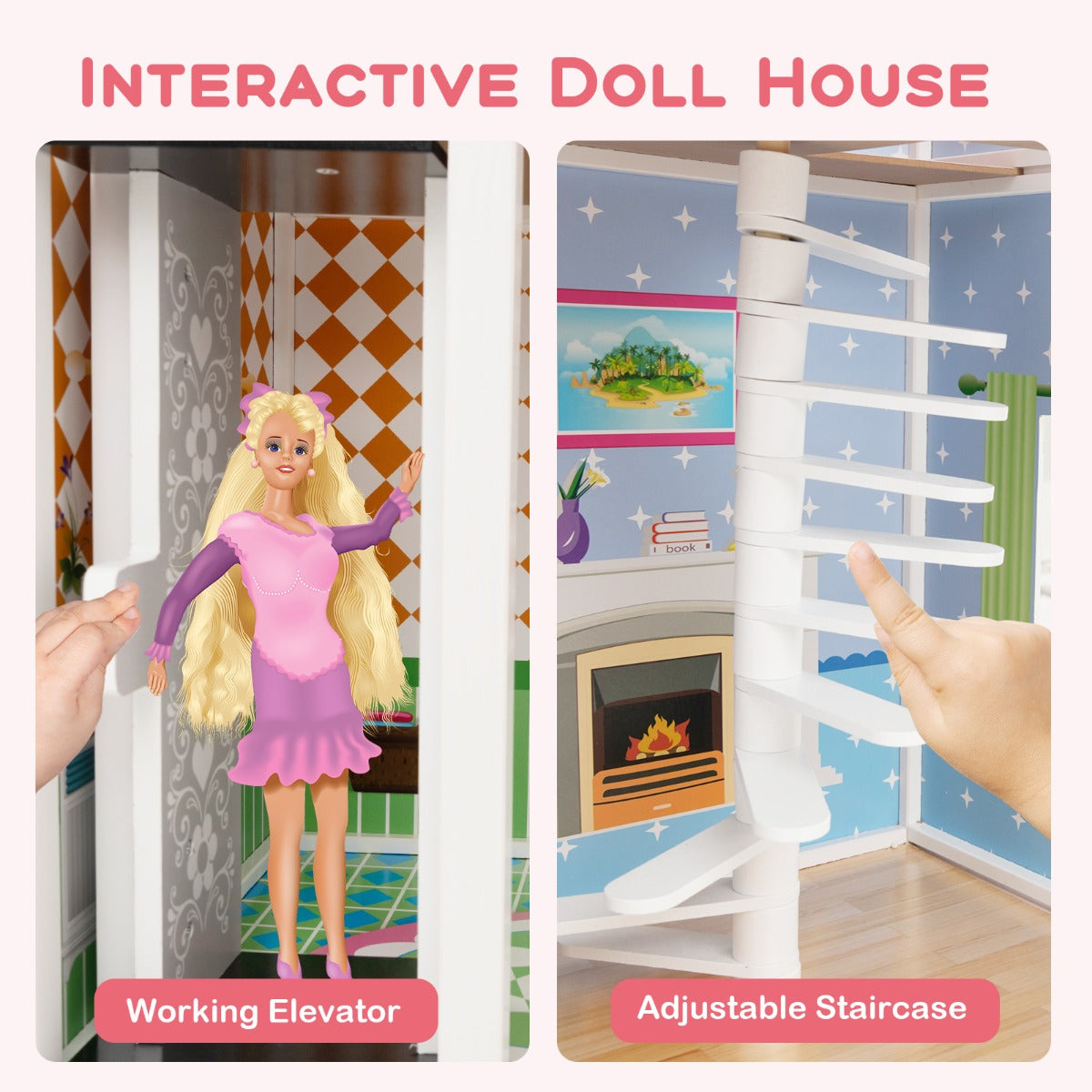 Kid's Wooden Dollhouse: Elevator & Rotating Staircase Edition