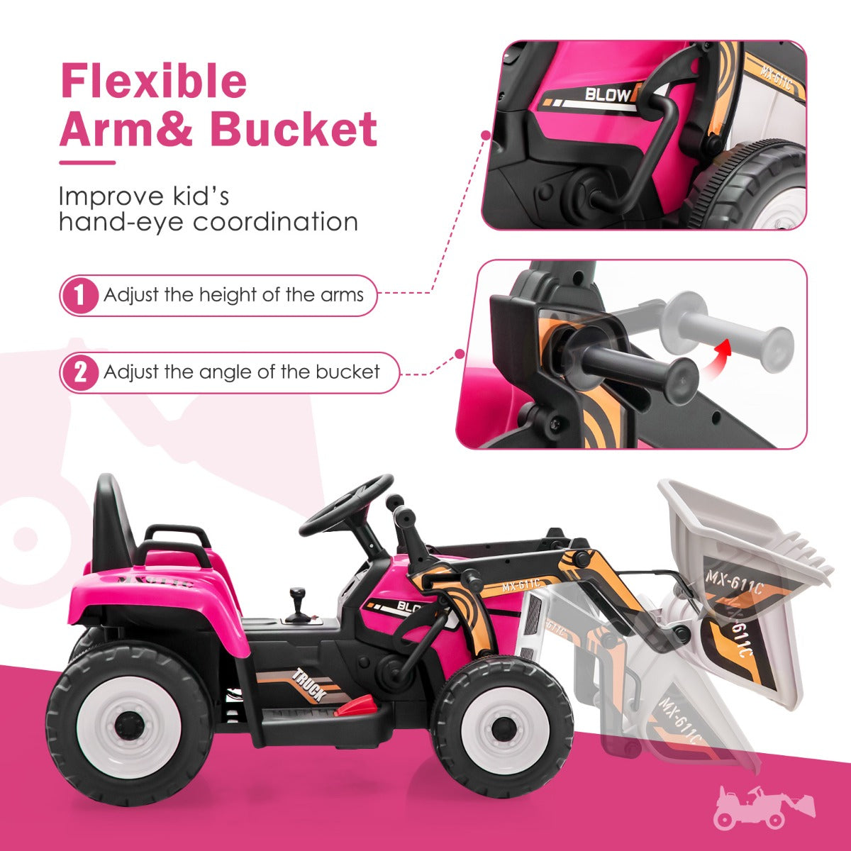 Adjustable Excavator Ride On for Kids with Remote Control