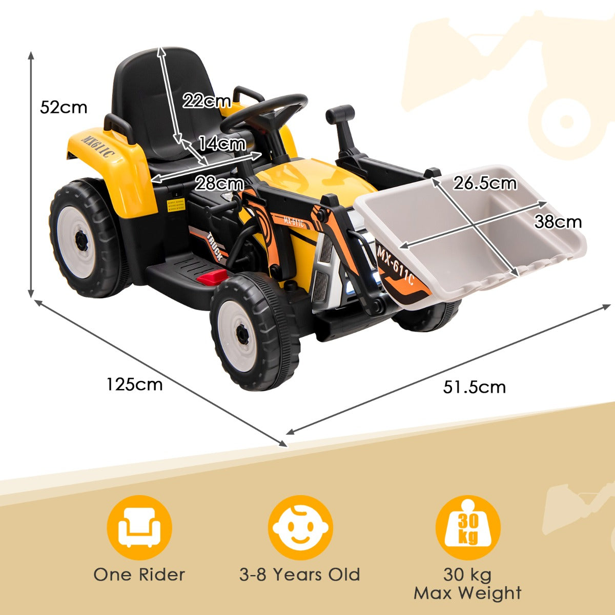 Adjustable Excavator Ride On for Kids with Remote Control