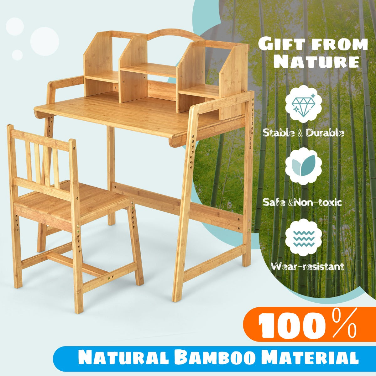 EcoPlay Bamboo Table and Chair Set with Bookshelf