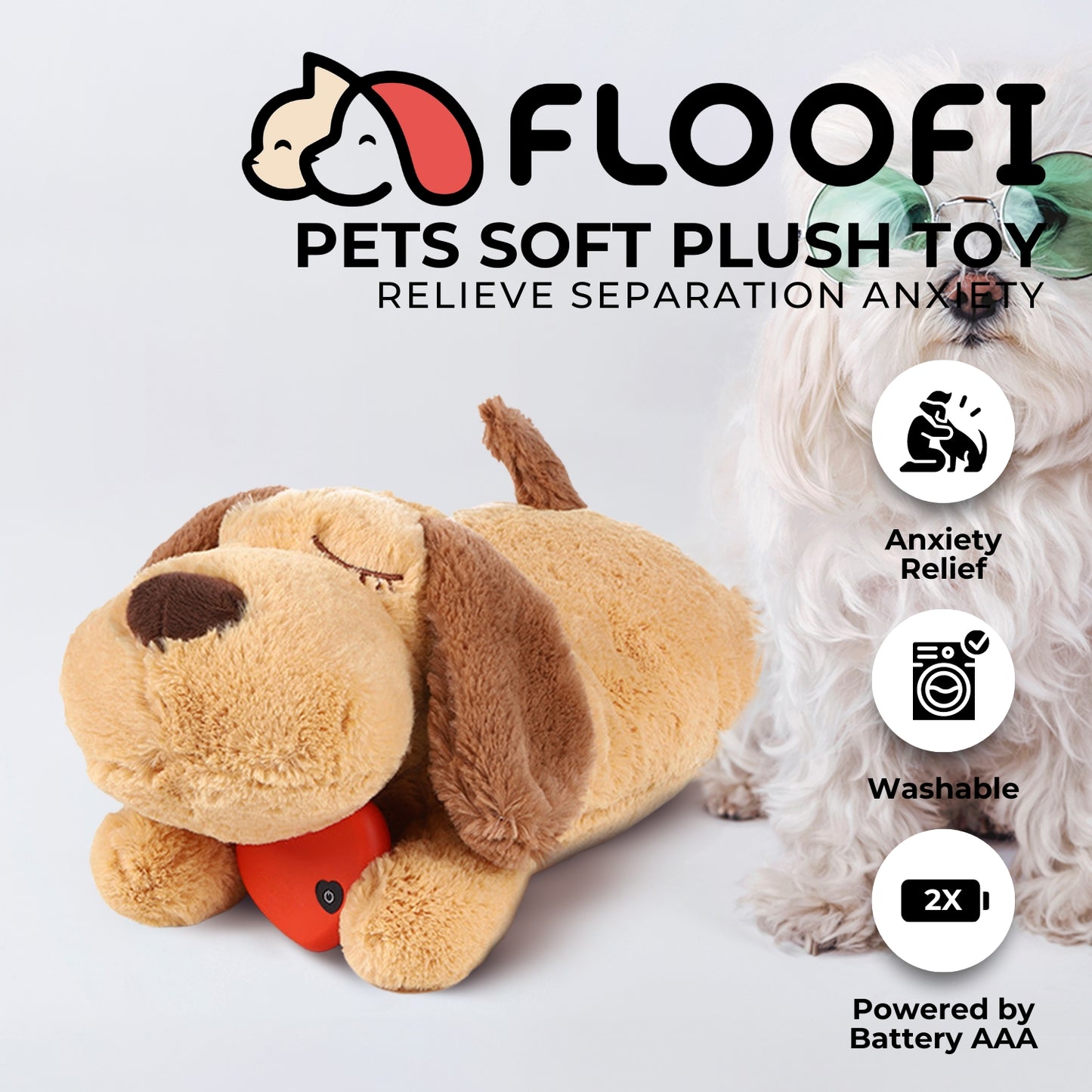 FLOOFI Heartbeat Puppy Plush Dog Toy for Anxiety Relief