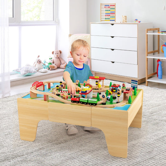 Ultimate Wooden 84 piece Train Set Table with Reversible Tabletop