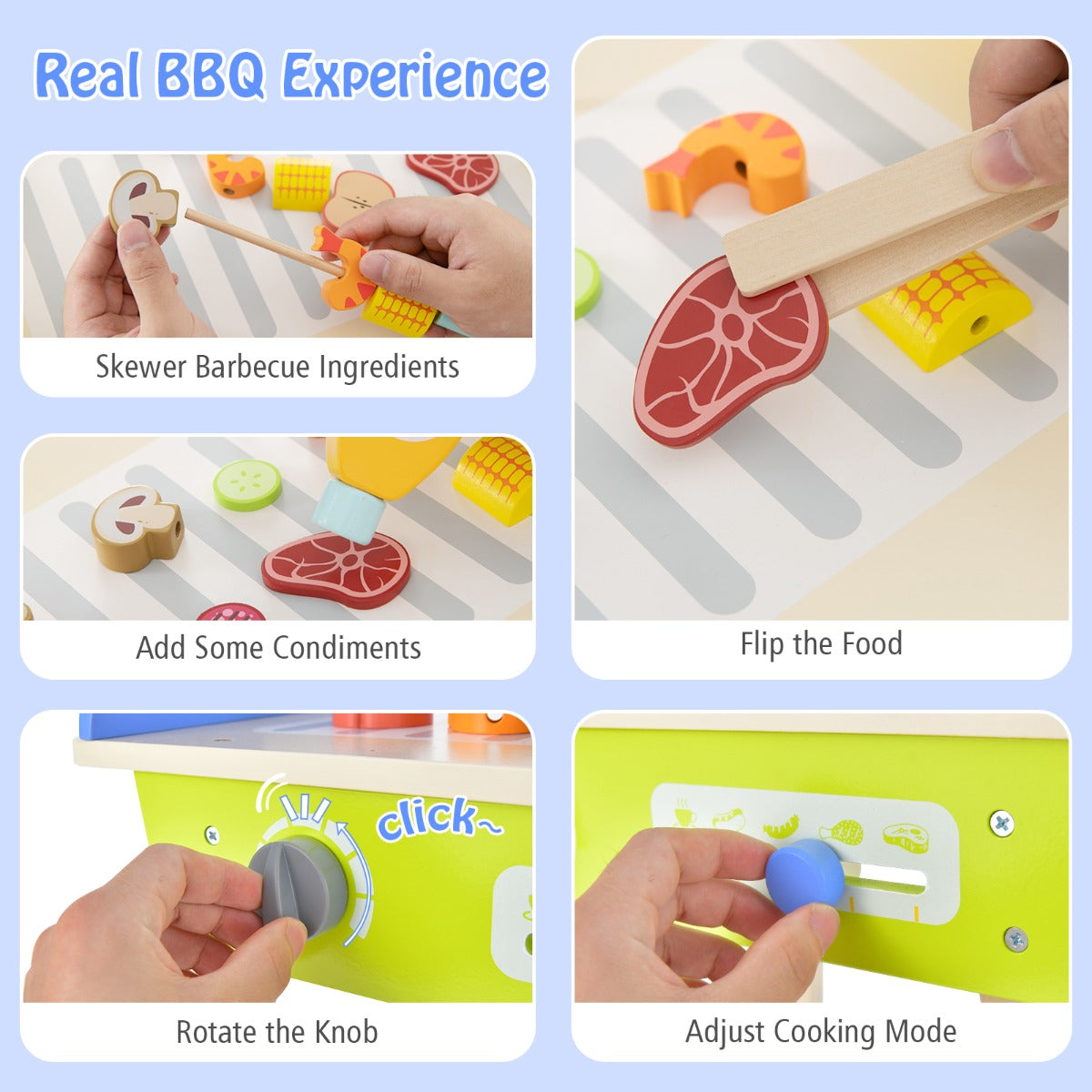 Kid's Pretend Wooden BBQ Play Set with Grilling Tools