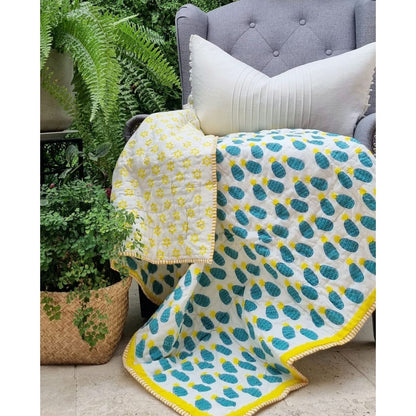 Organic Cotton Reversible Baby Quilt (100x120cm) - Blue Pineapple