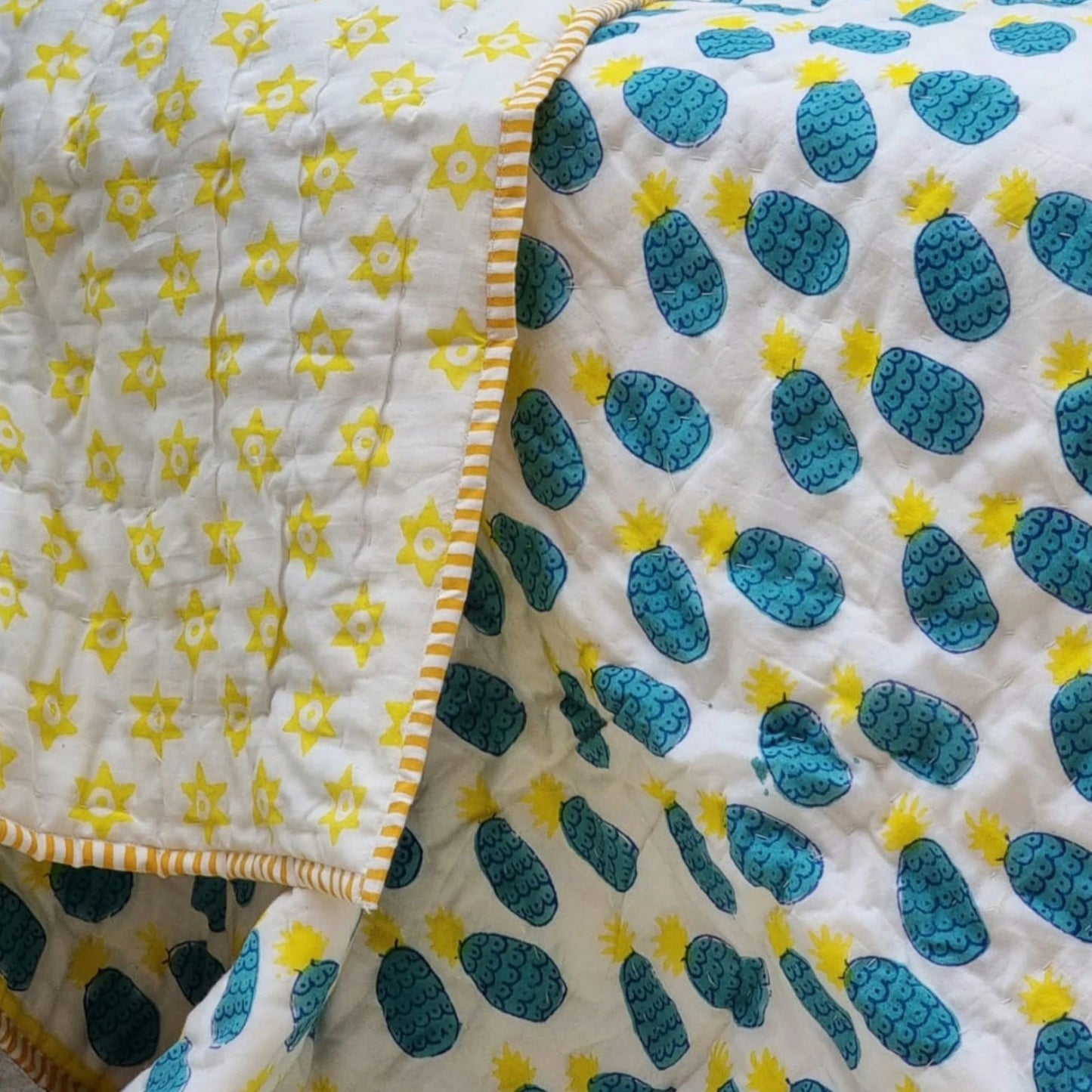 Organic Cotton Reversible Baby Quilt (100x120cm) - Blue Pineapple