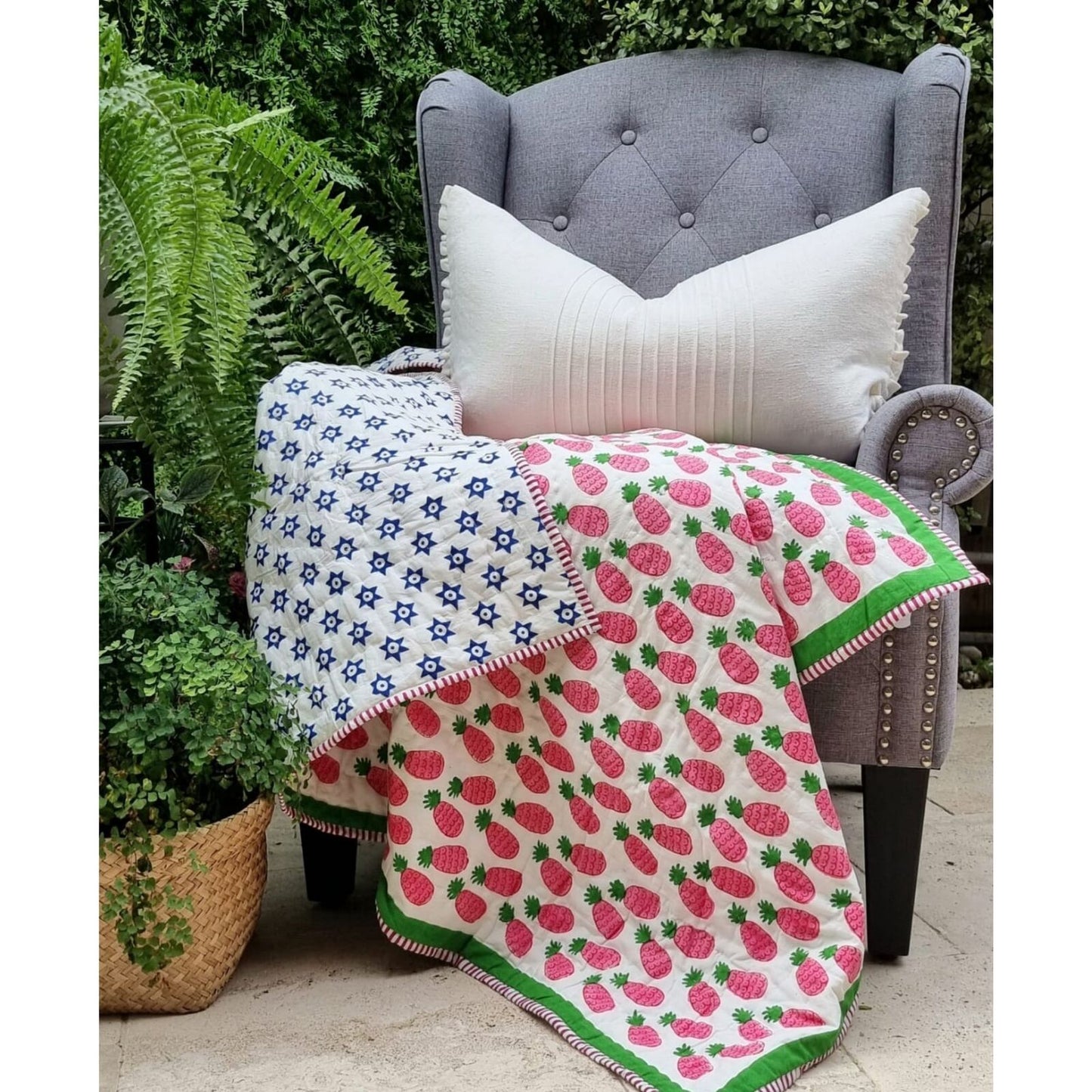 Organic Cotton Reversible Baby Quilt (100x120cm) - Pink Pineapple