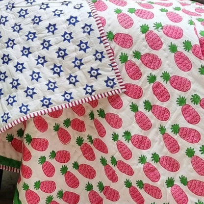 Organic Cotton Reversible Baby Quilt (100x120cm) - Pink Pineapple